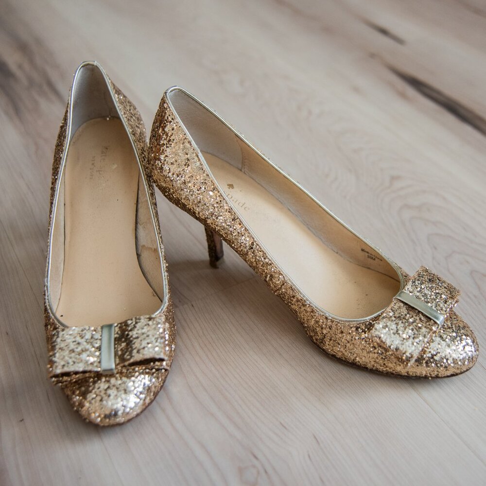 Kate Spade Gold Glitter Bow Pumps 9.5 w Box
